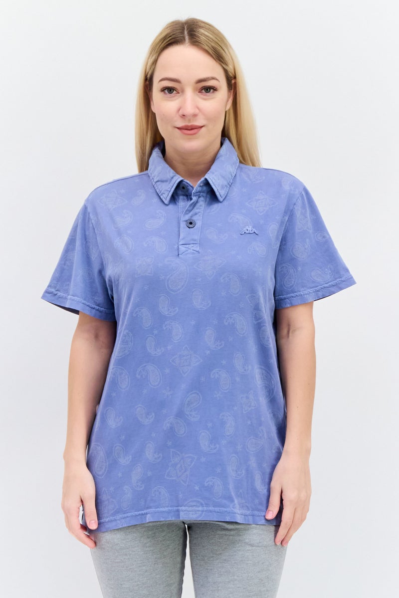 Robe Di Kappa تي شيرت بولو مزين بشعار للنساء بقصة ضيقة بأكمام قصيرة، أزرق رمادي - Image 1